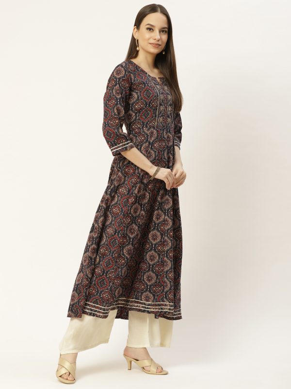 Blue Printed & Embroided Cotton Anarkali