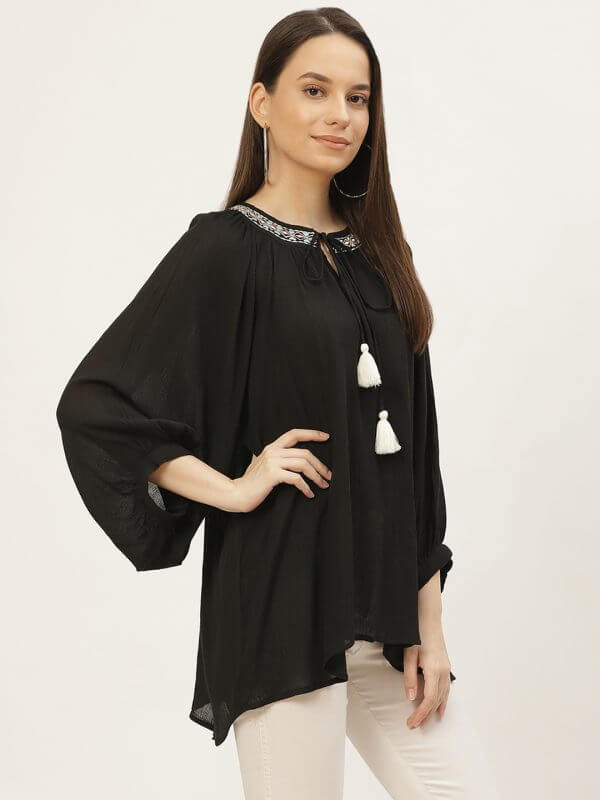 Black Embroided Rayon Crepe Top
