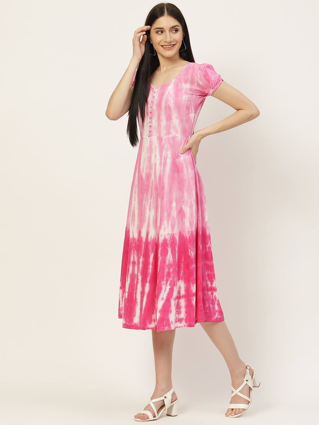 Women Pink & White Tie Dye Fit and Flare Dress