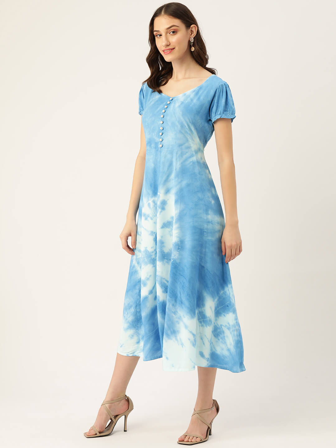 Women Sky Blue Tie and Dye A-Line Midi Dress