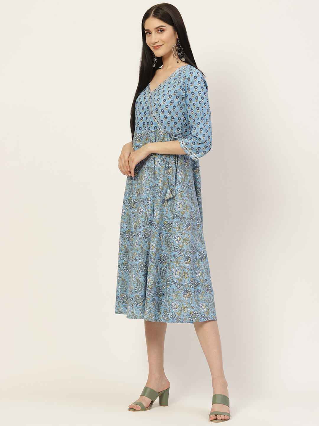 Blue Ethnic Motifs Printed Anarkali Tie-Up Dress