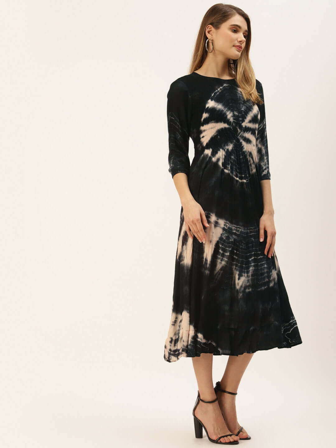 Black & Beige Tie and Dye A-Line Midi Dress Black & Beige Tie and Dye A-Line Midi Dress