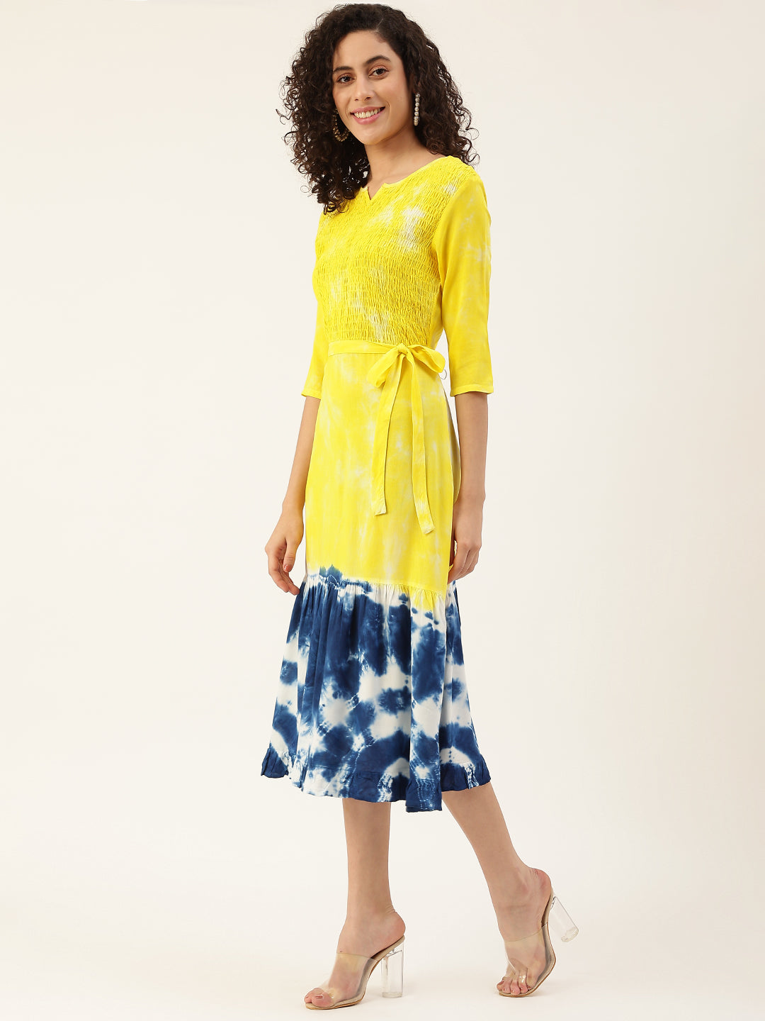 Yellow Navy Blue Tie Dye A-Line Midi Dress With Tie-Up Belt