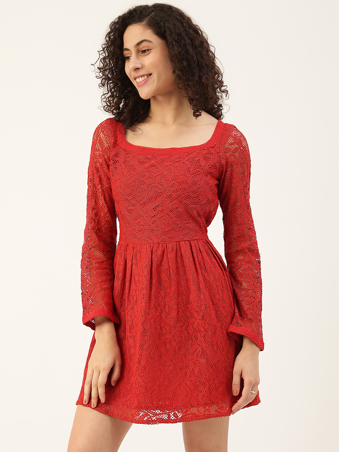 Women Red Lace Belted A-Line Dress
