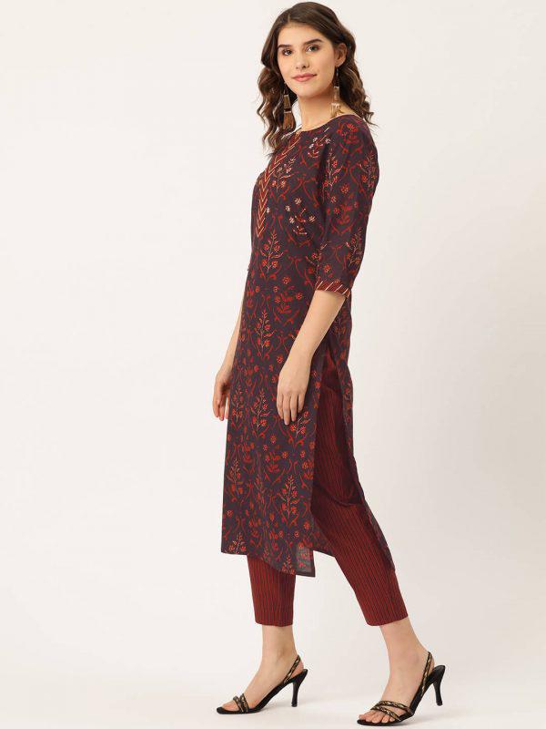 Cotton printed straight kurta with trouser for women 