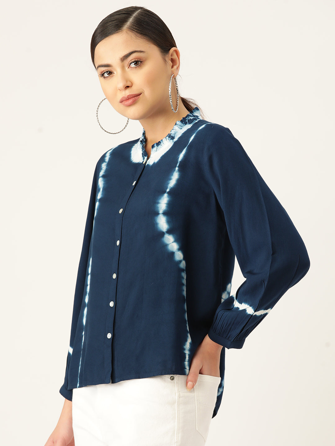 Rayon Blue Frill Neck Shirt