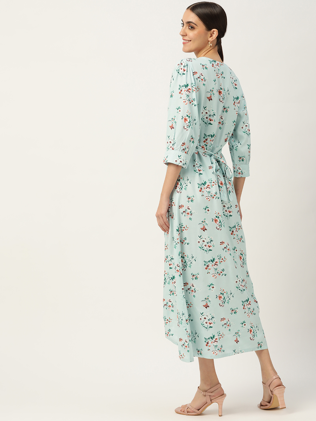 Blue Red Floral Midi Rayon Dress  with Belt