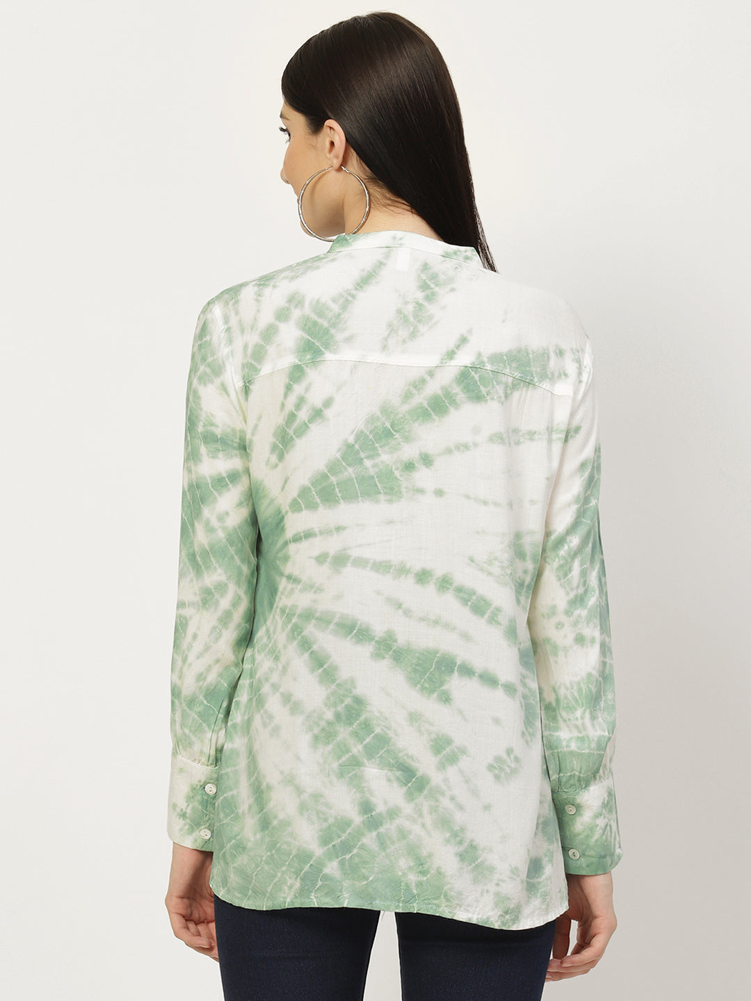 Women Green & Off-White Tie Dye Rayon Shirt