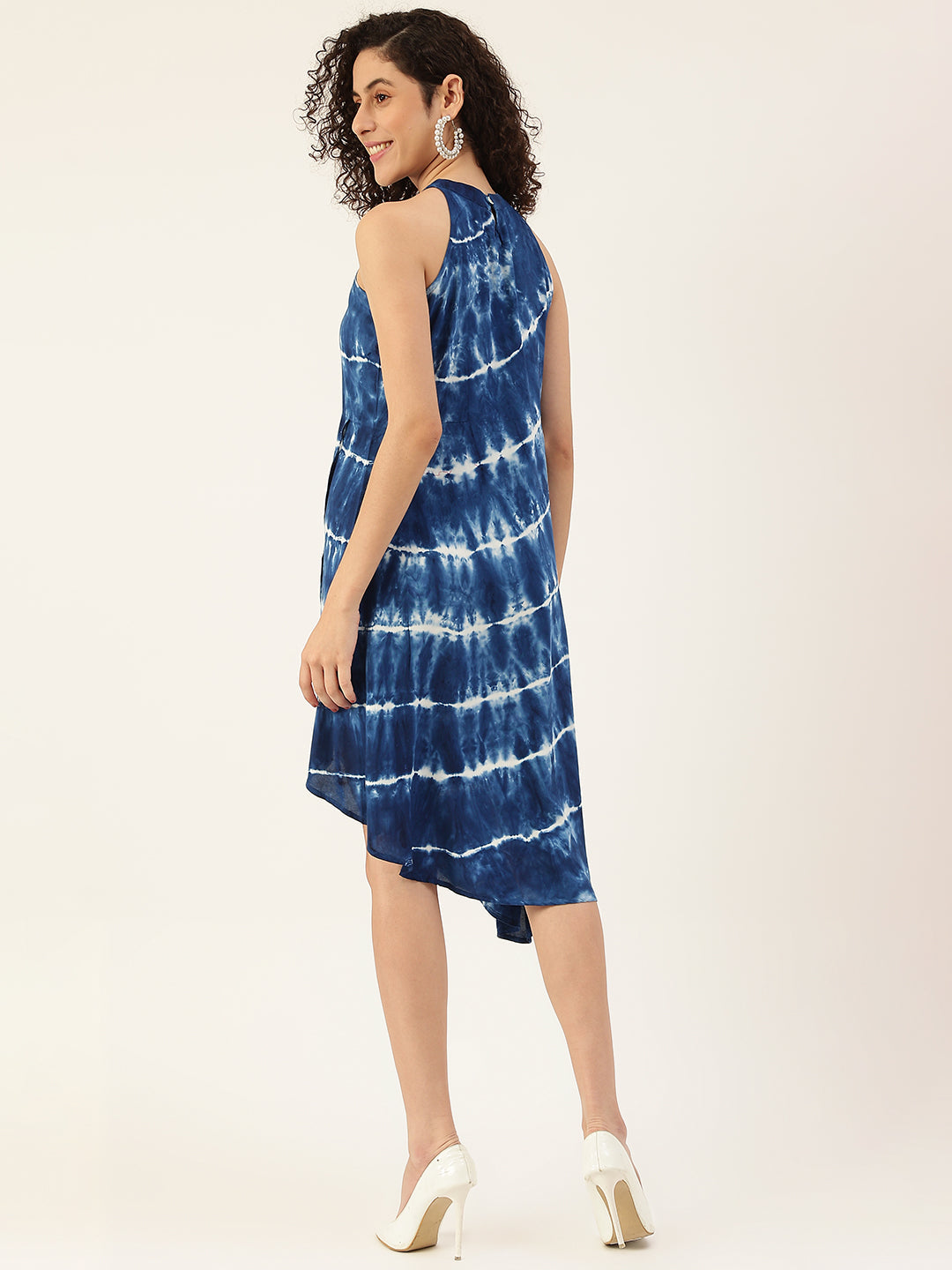 Blue & White Tie Dye Halter Front Slit High Low  Dress