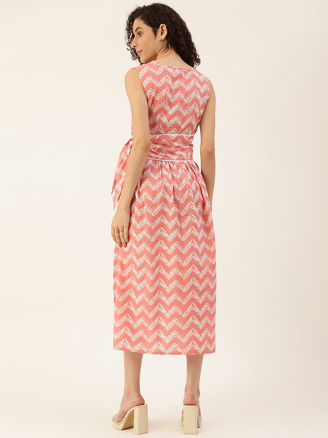 Pink & Off White Printed Pure Cotton A-Line Dress with Belt