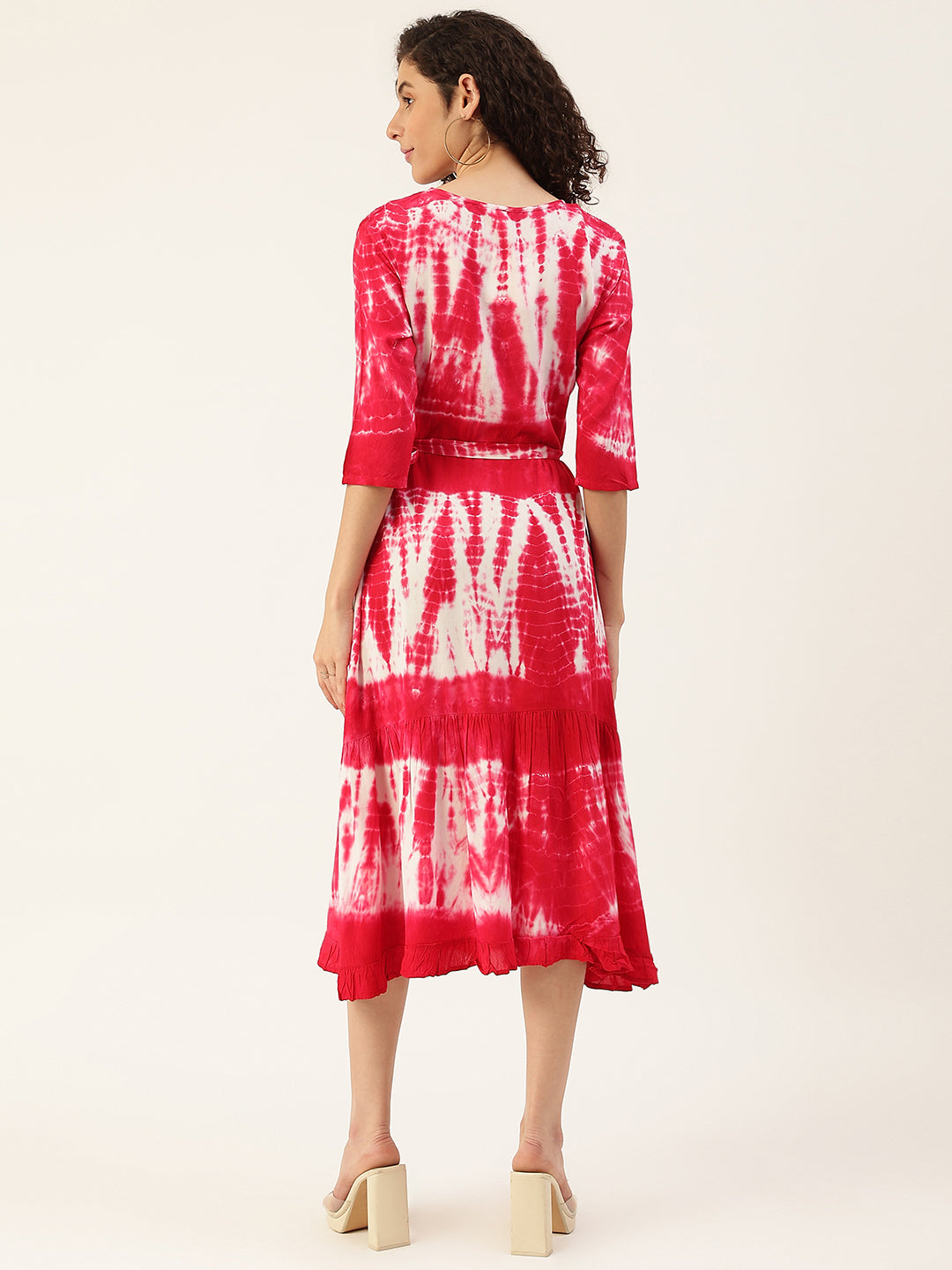 Pink & White Abstract Tie Dye A-Line Midi Dress With Tie-Up Closure