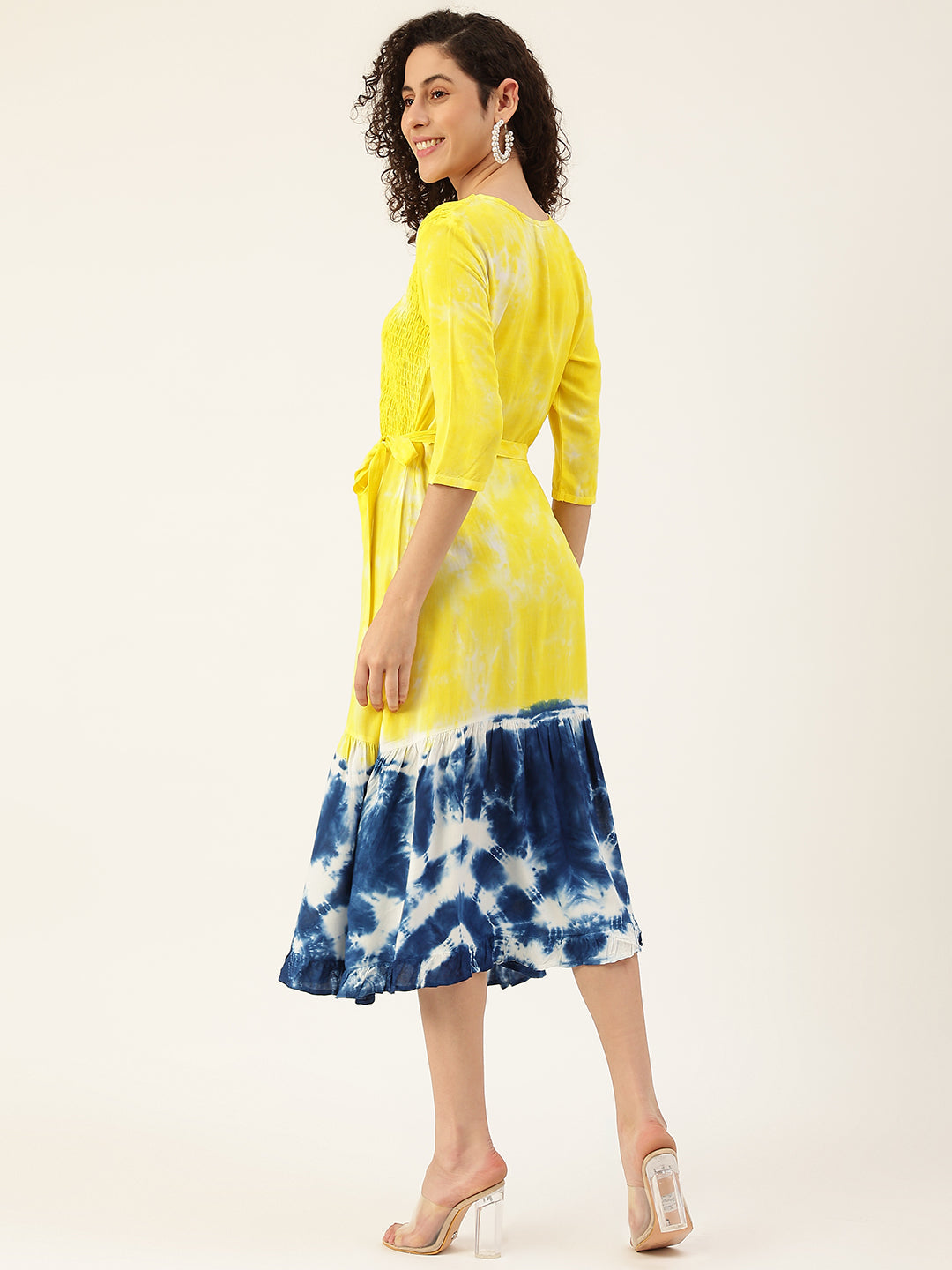 Yellow & Navy Blue Tie Dye A-Line Midi Dress With Tie-Up Belt (W1242) Maaesa Clothing Yellow & Navy Blue Tie Dye A-Line Midi Dress With Tie-Up Belt (W1242) Maaesa Clothing