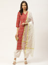 Cotton Red & White Kurta With Salwar & Dupatta Set for women 