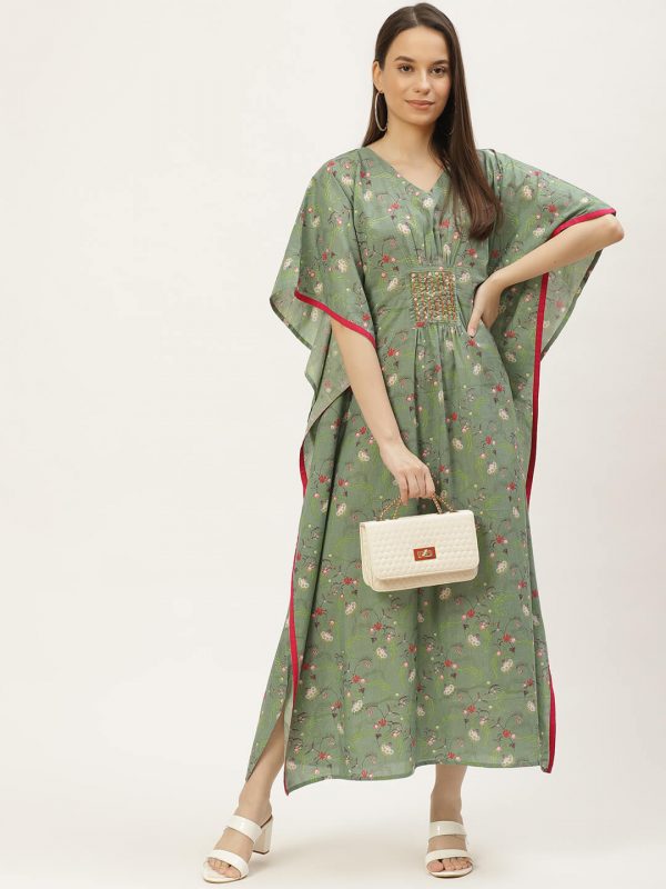 Green Printed Pure Cotton Kaftan for women 