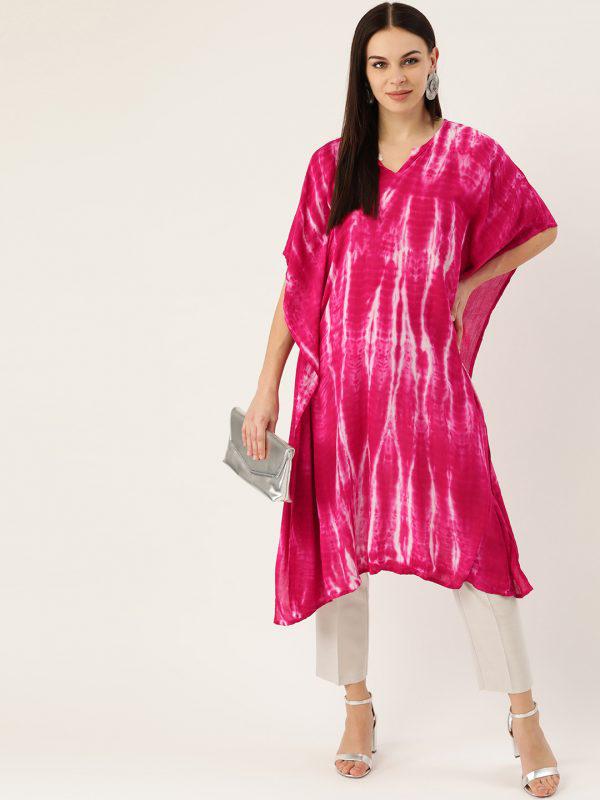 Pink Tie & Dye Rayon Crepe Kaftan for women 