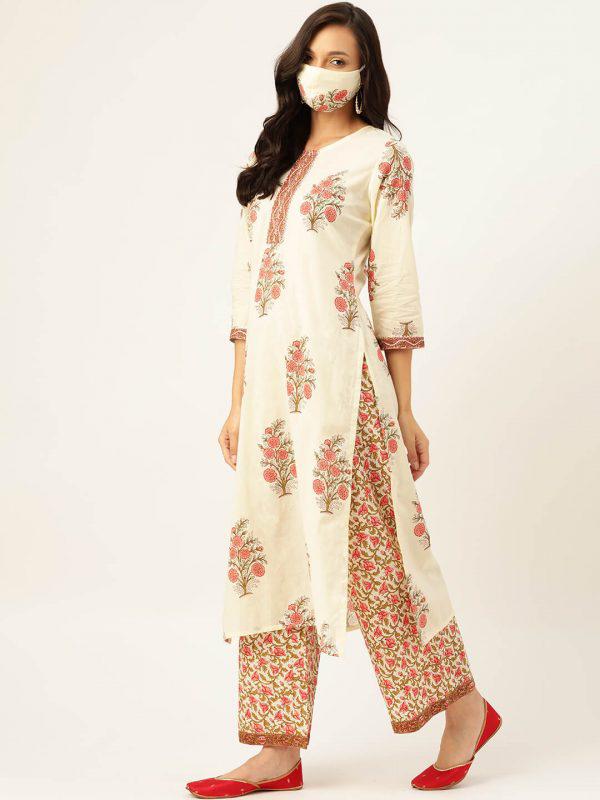 Off White Floral Printed Kurta With Dupatta & Trouser