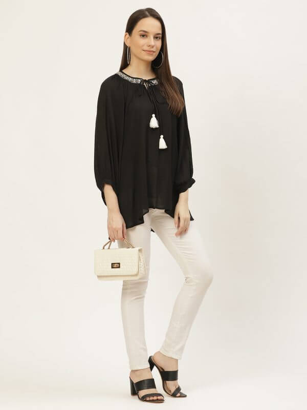 Black Embroided Rayon Crepe Top