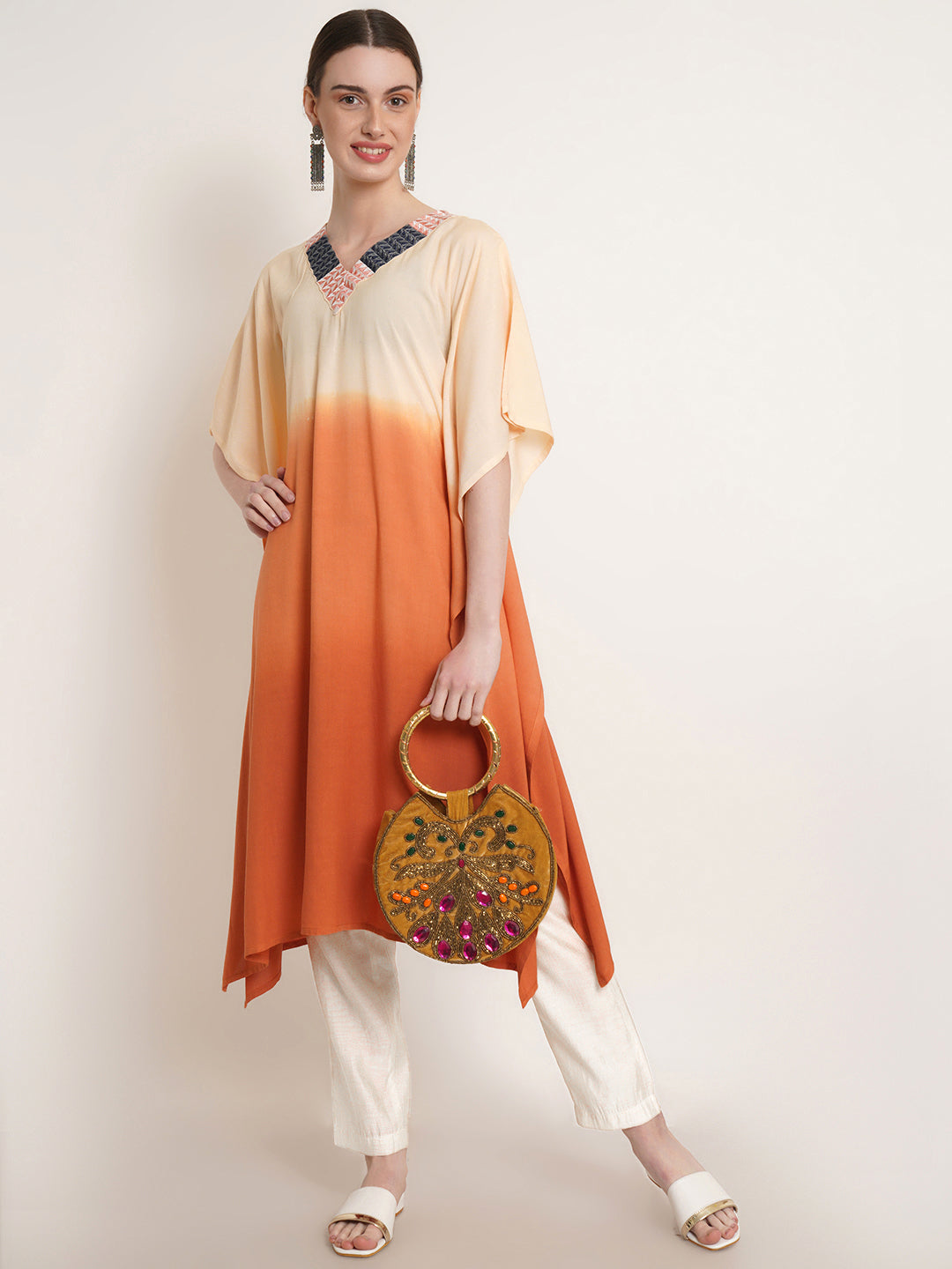 Orange & Peach Tie Dye Embroidery Work Rayon Embroidery Kaftan Kurta
