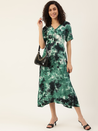 Sea Green Black Rayon Dyed A-Line Midi Dress