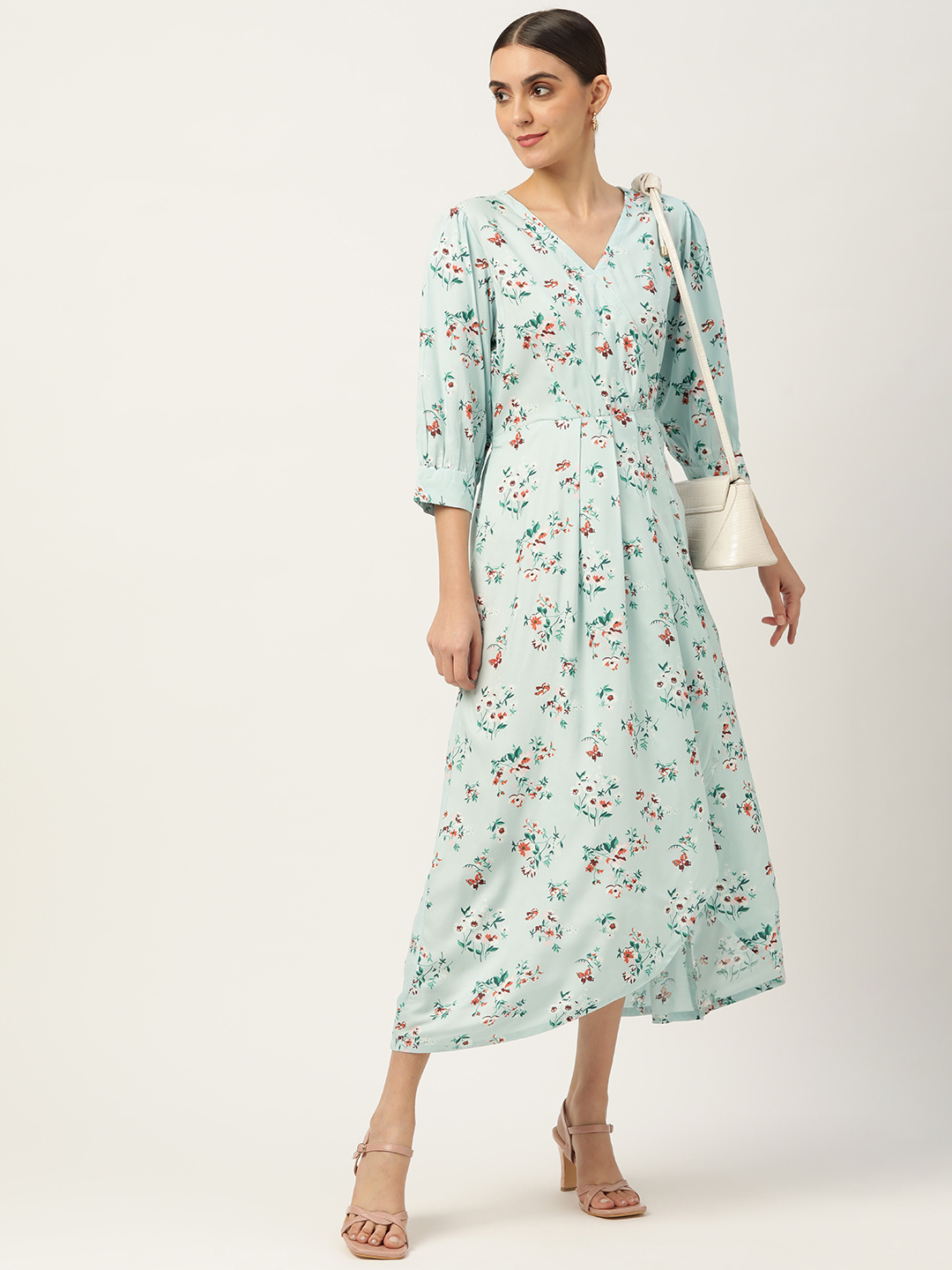 Blue Red Floral Midi Rayon Dress  with Belt
