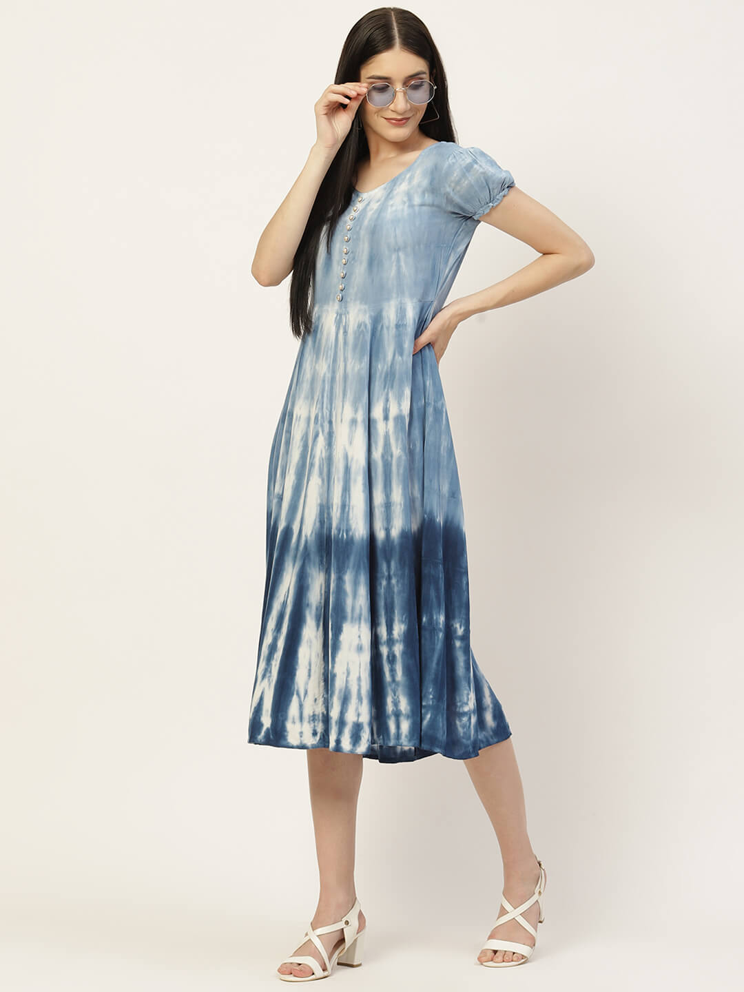 Women Blue & White Tie Dye Fit & Flared Dress