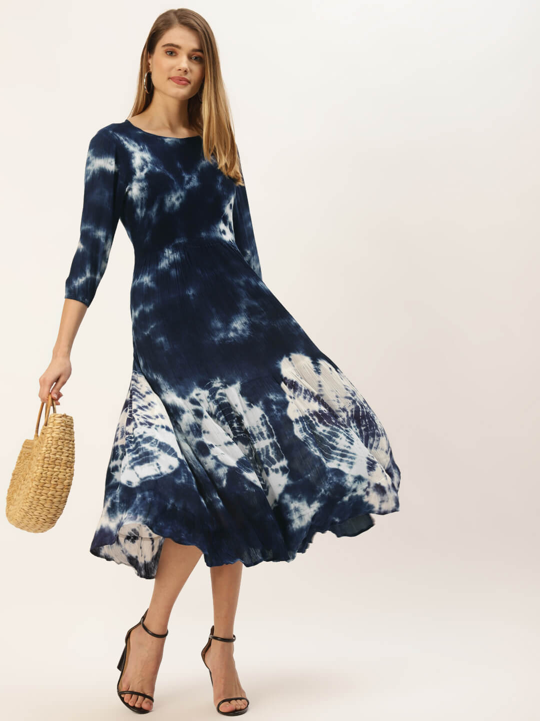 Blue & White Tie and Dye A-Line Midi Dress for women
