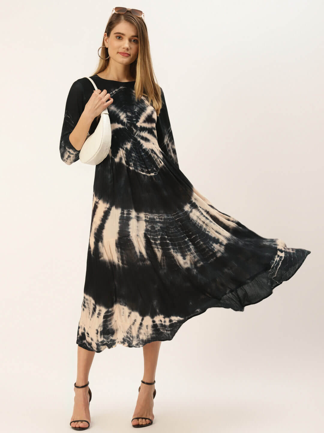 Black & Beige Tie and Dye A-Line Midi Dress