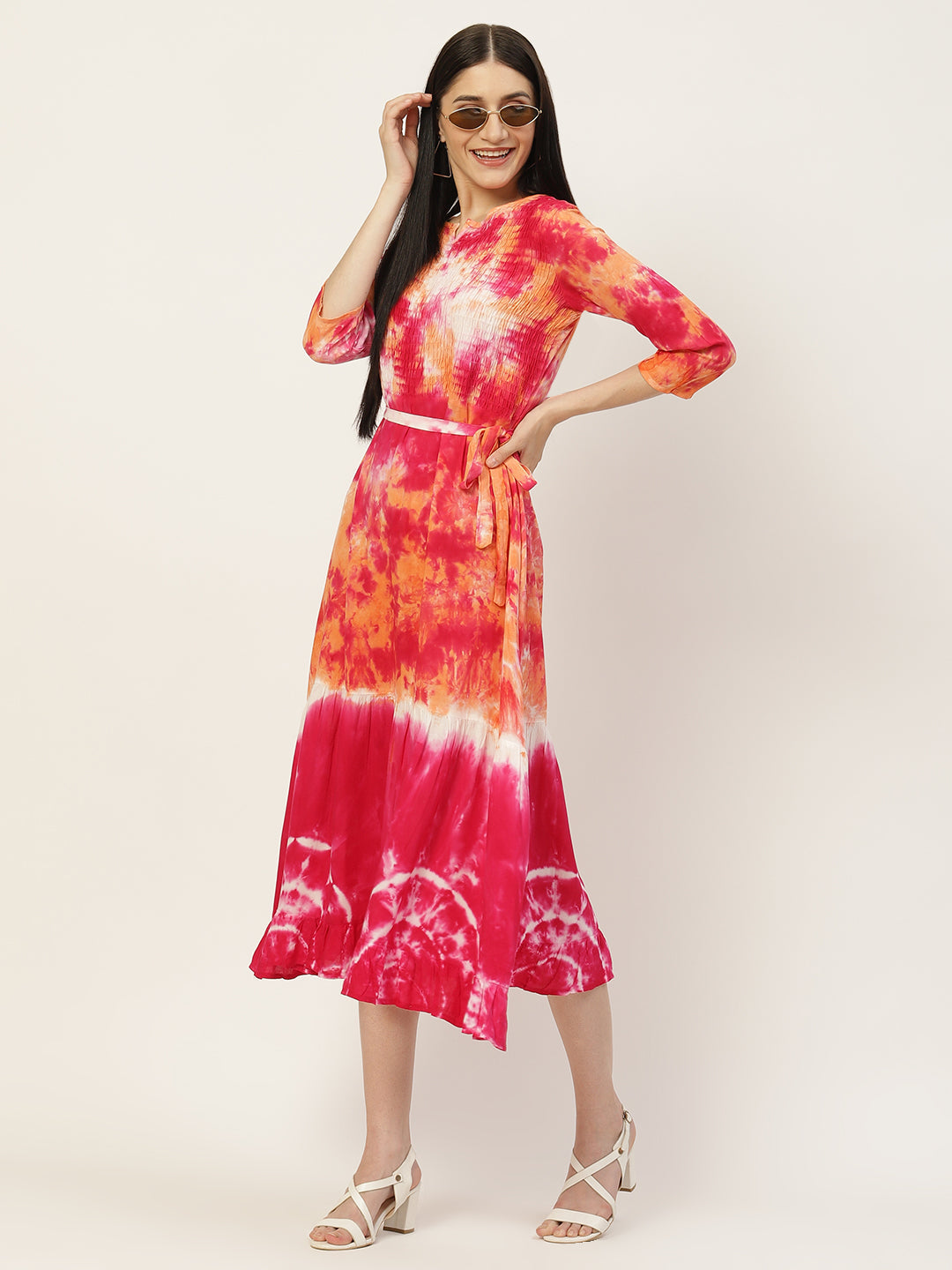 Women Pink & orange Tie dye Fit & Flare Belted Dress – Maaesa Clothing