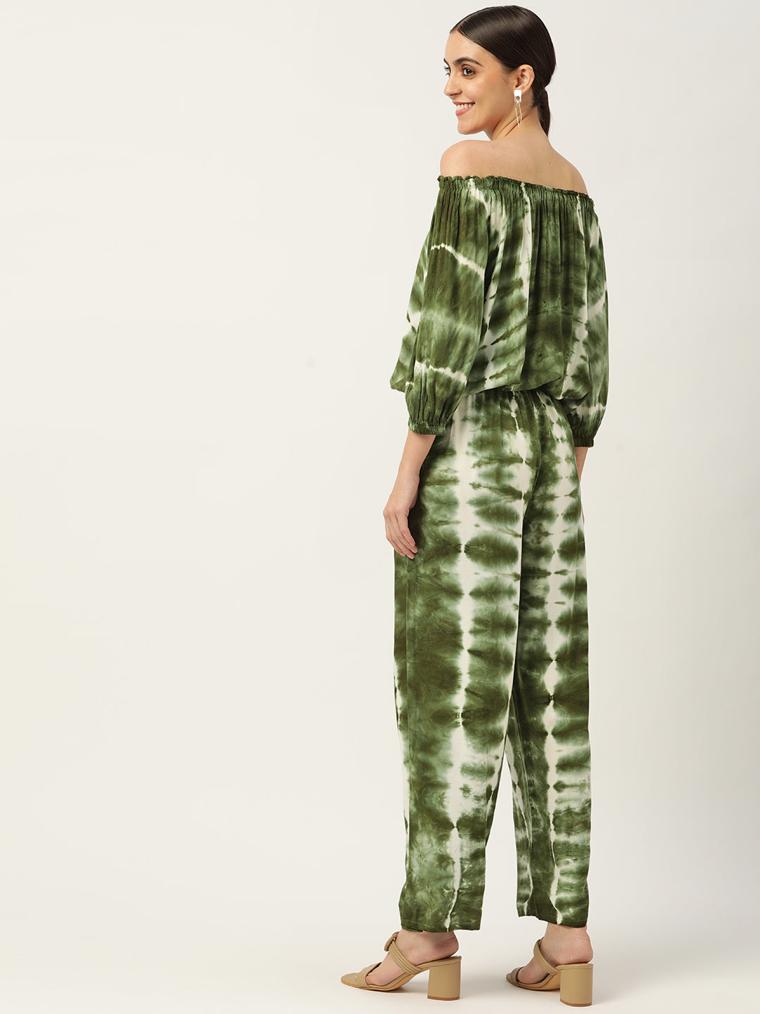 Olive Green White Rayon Tie Dye Co-Ords