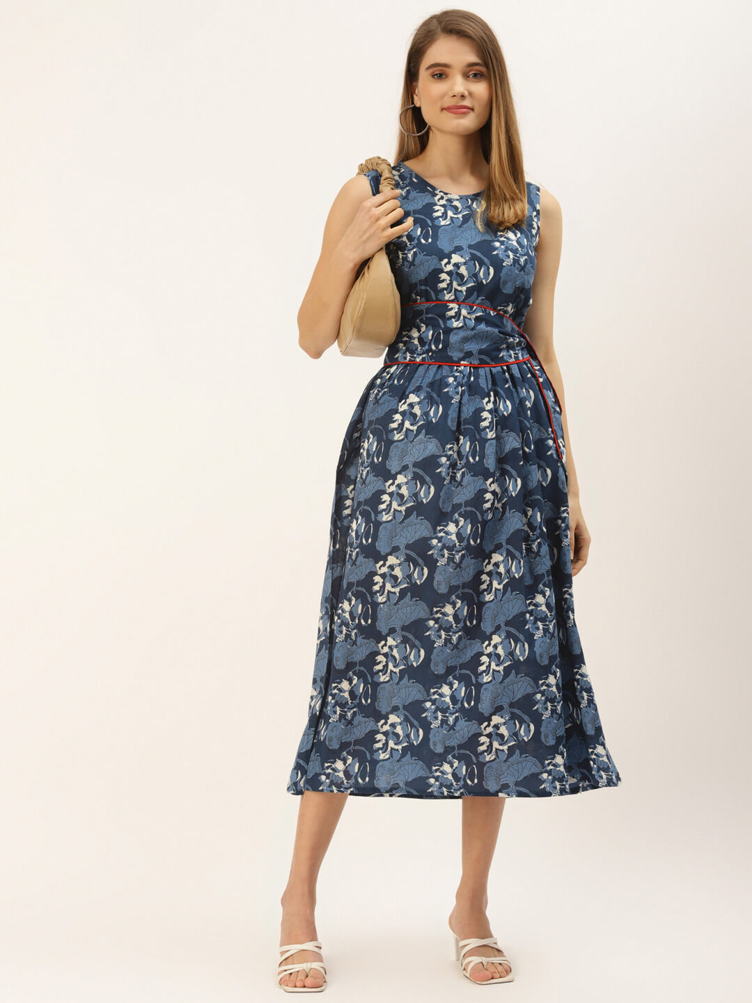 Blue & White Floral Printed Sleeveless Dress With Tie-Up Closure for women 