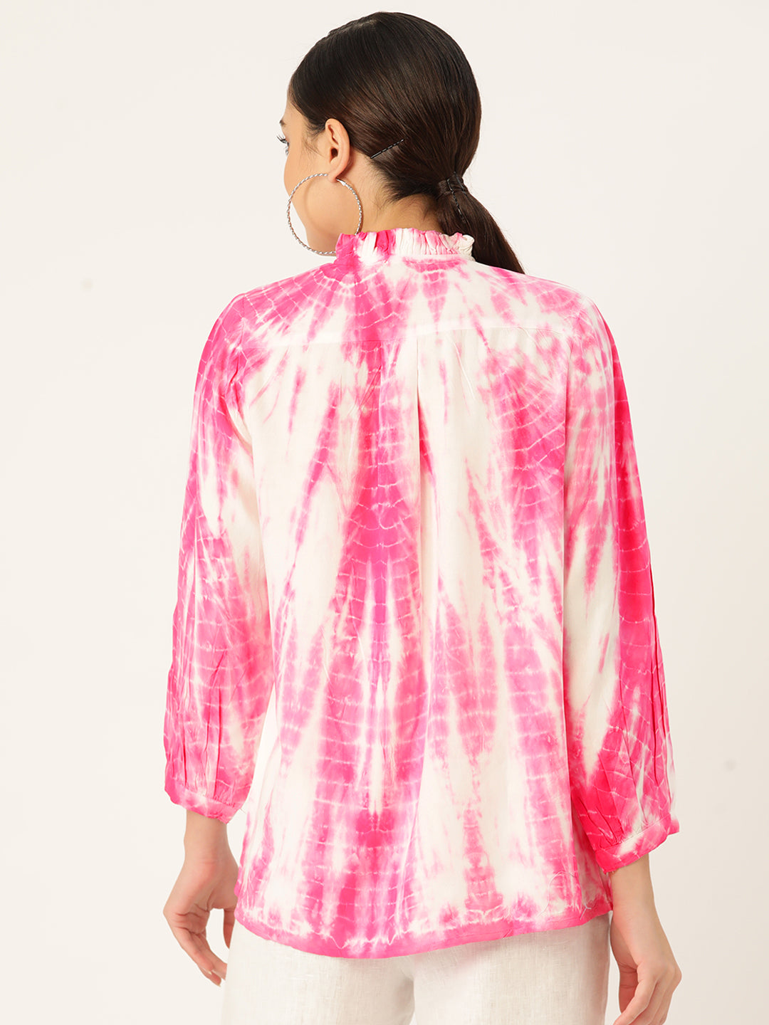 Rayon Tie Dye Pink Frill Neck Shirt