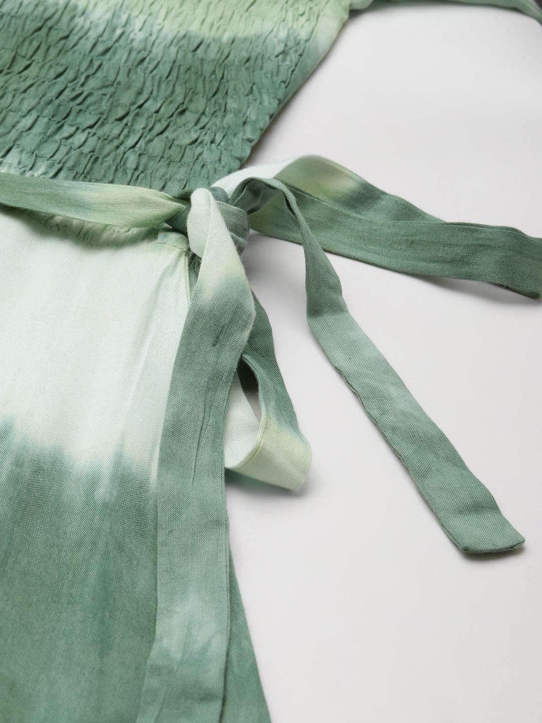 Green Tie Dye Rayon Midi Dress With Tie-up Closure