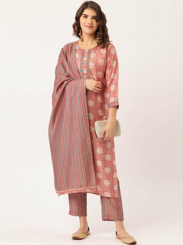 Pink Rayon Printed Suit Set with Adda Work & Dupatta