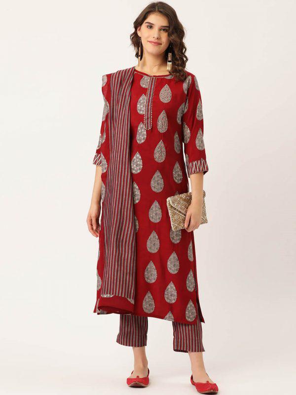 Rayon Printed hand work kurta , trouser with dupatta for women 
