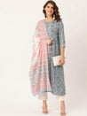 Pure Cotton Blue Printed A-line Kurta Suit Set With Dupatta