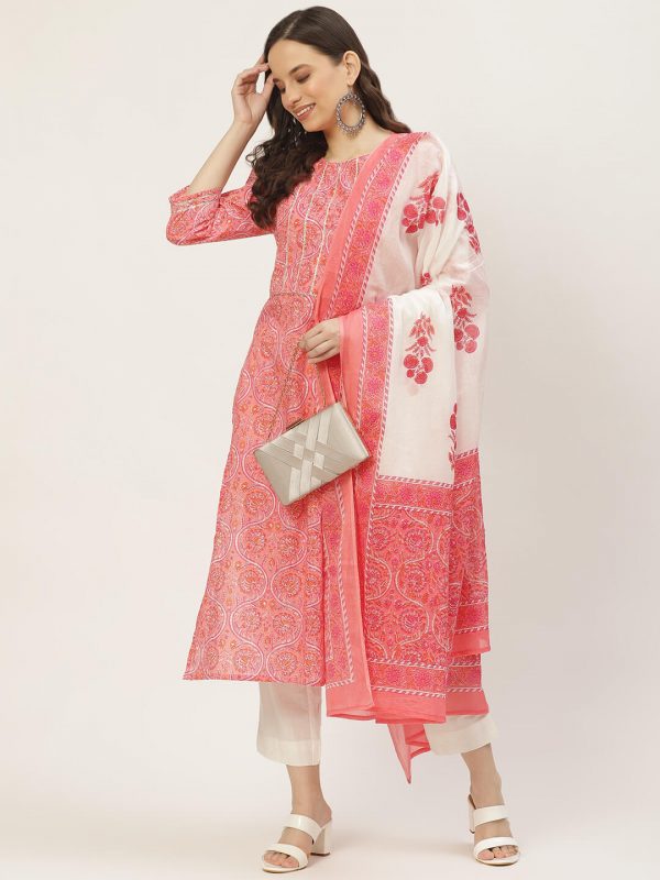 Cotton printed Straight kurta, trouser with dupatta for women