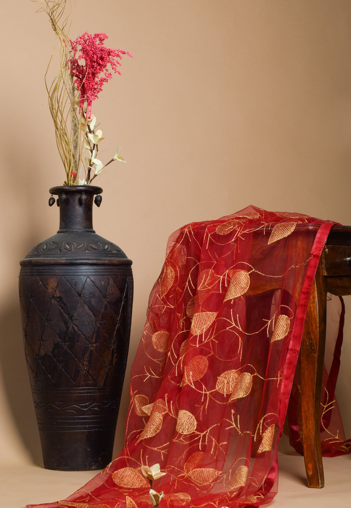 Women's Net Maroon colored with golden floral  Embroidered  Dupatta