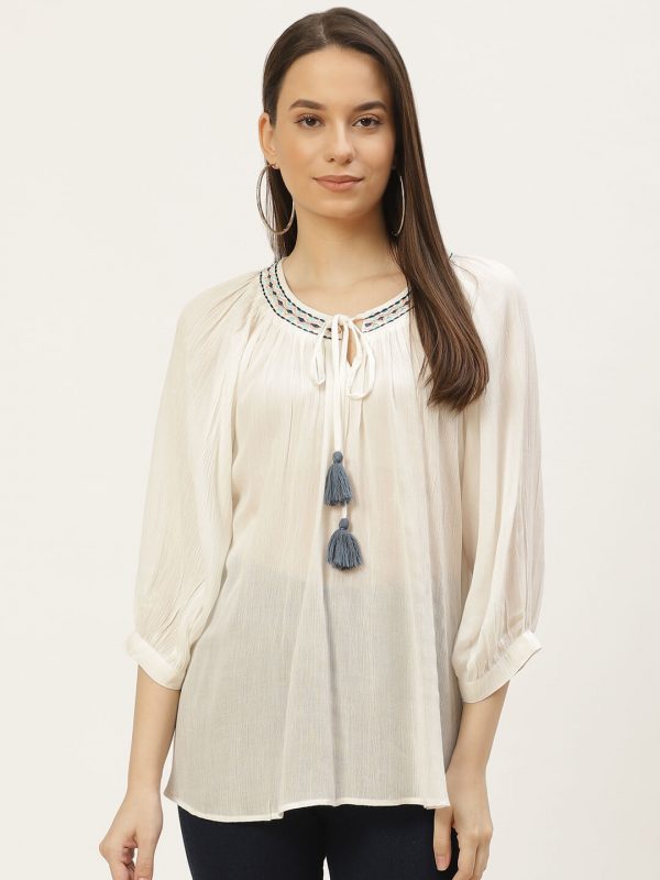 White Embroided Rayon Crepe Top