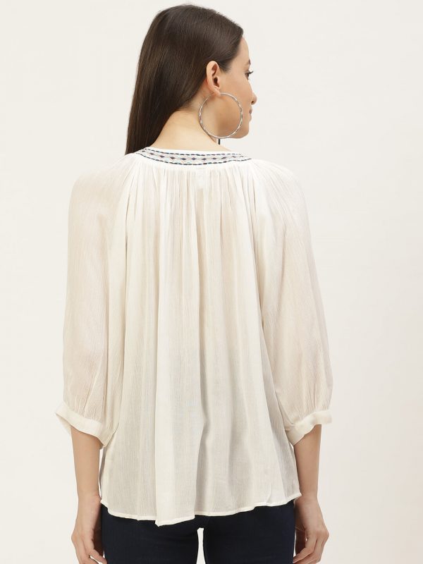 White Embroided Rayon Crepe Top