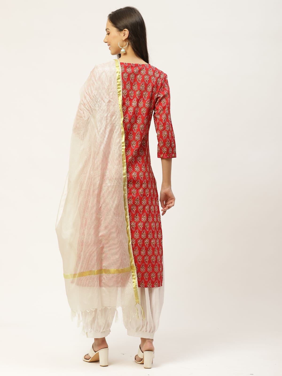 Cotton Red & White Kurta With Salwar & Dupatta Set
