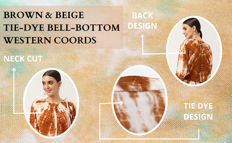 Women Brown & White Rayon Tie Dye Co-Ords Set