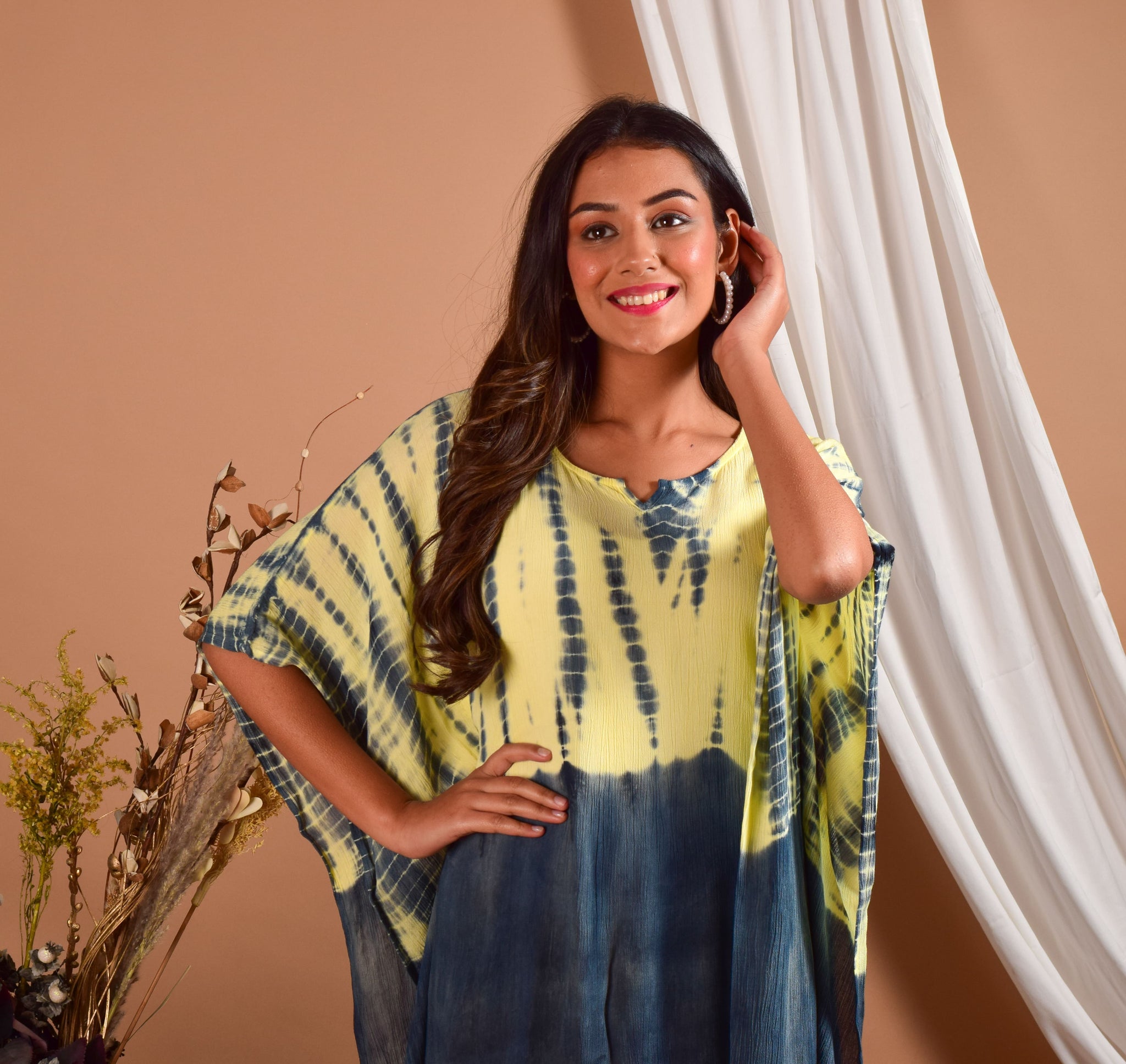Charcoal & Yellow Tie and Dye Kaftan for women 