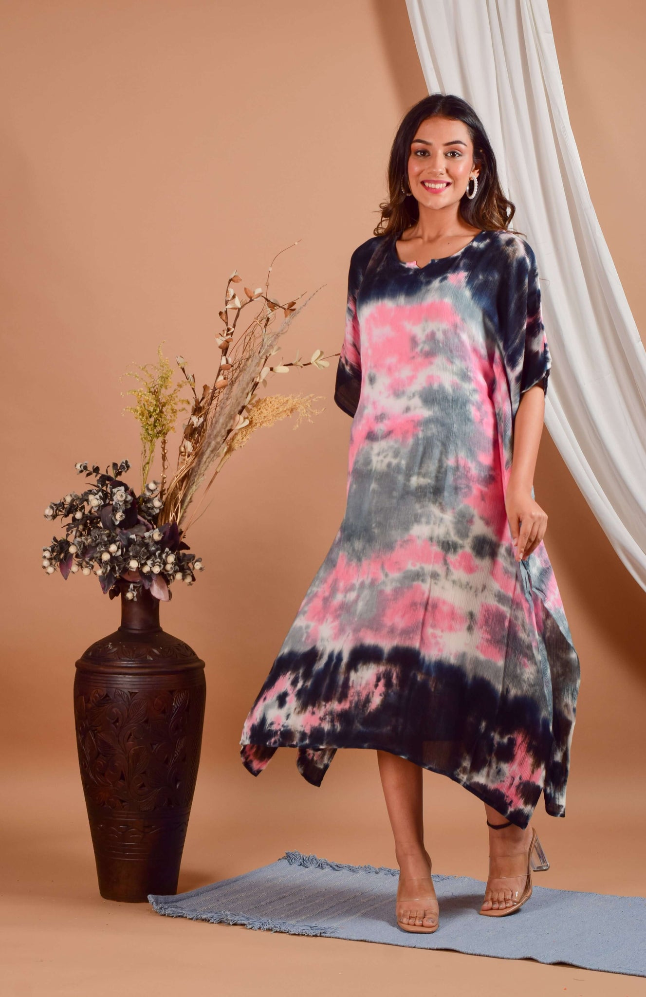 Black & Pink Tie Dye Kaftan Midi Dress