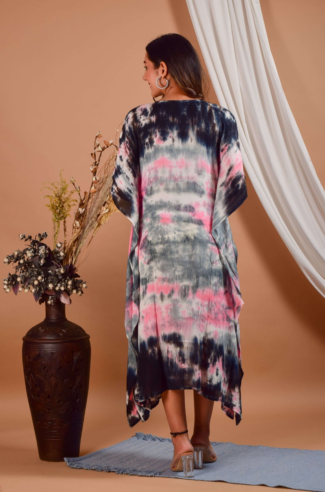 Black & Pink Tie Dye Kaftan Midi Dress