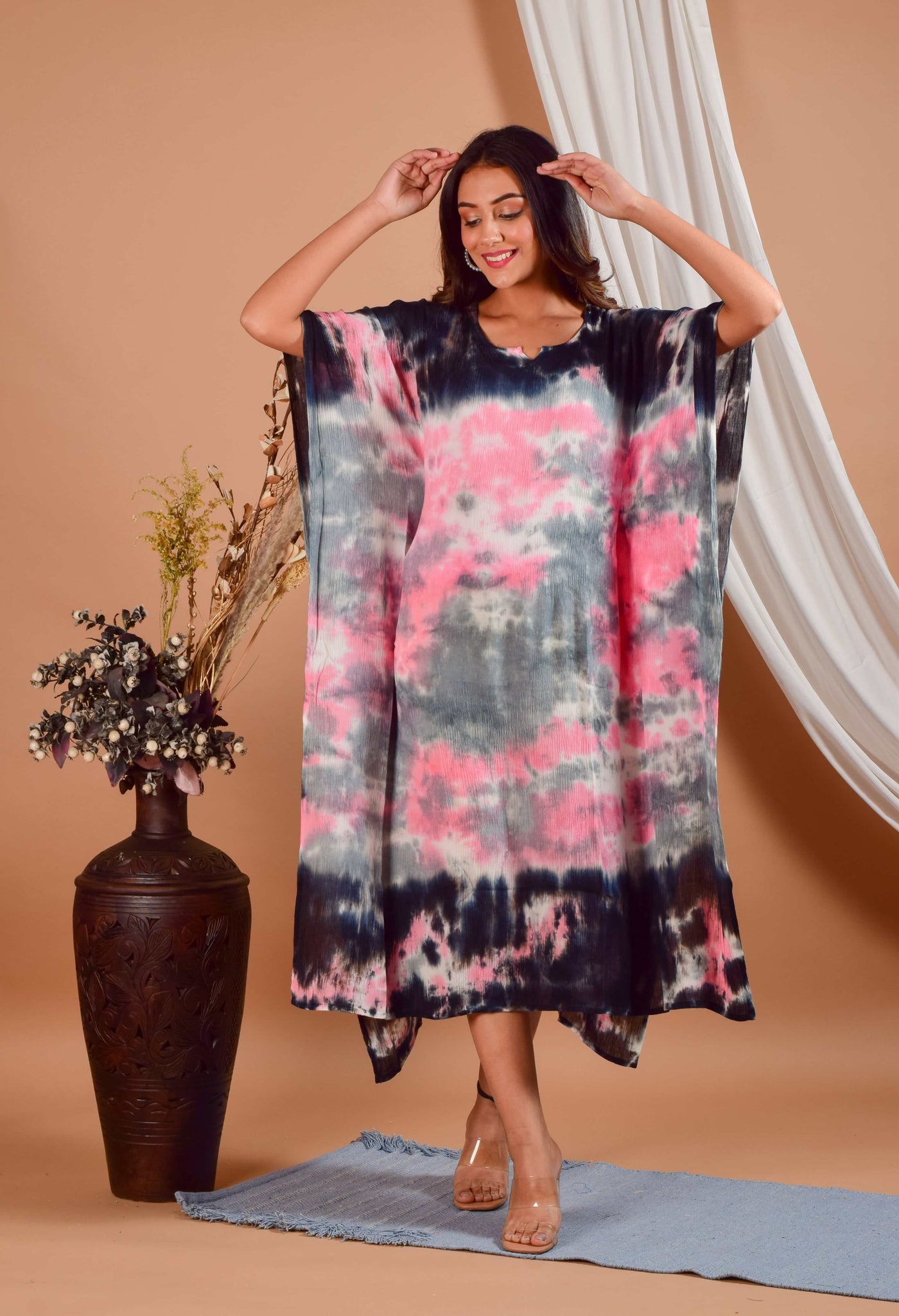 Black & Pink Tie Dye Kaftan Midi Dress
